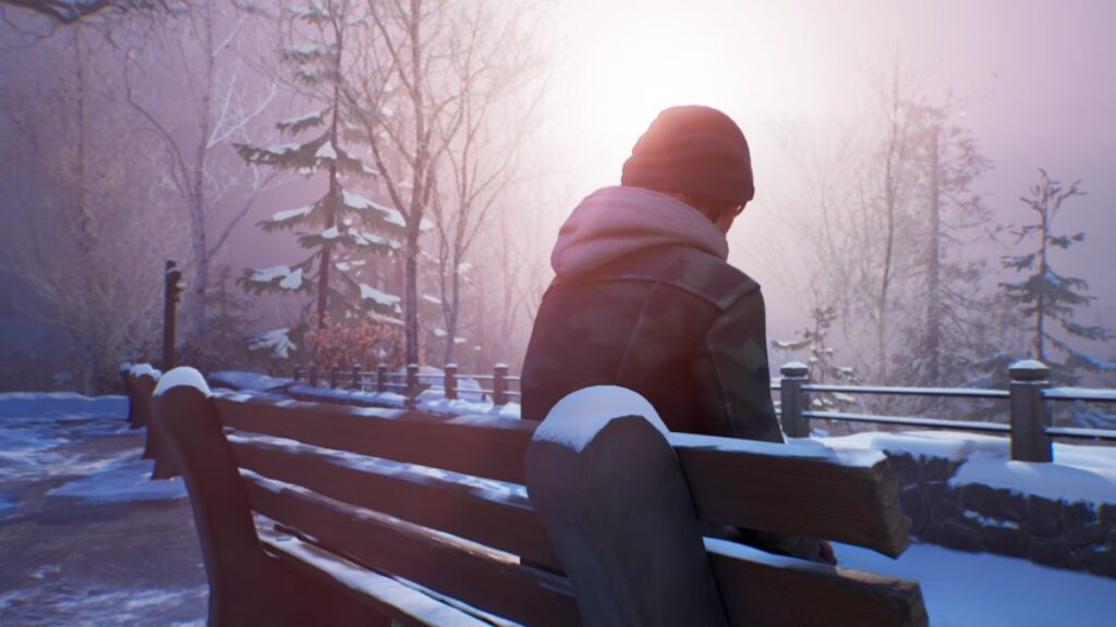 A character sits on a bench with their back to the camera in Life Is Strange: Double Exposure