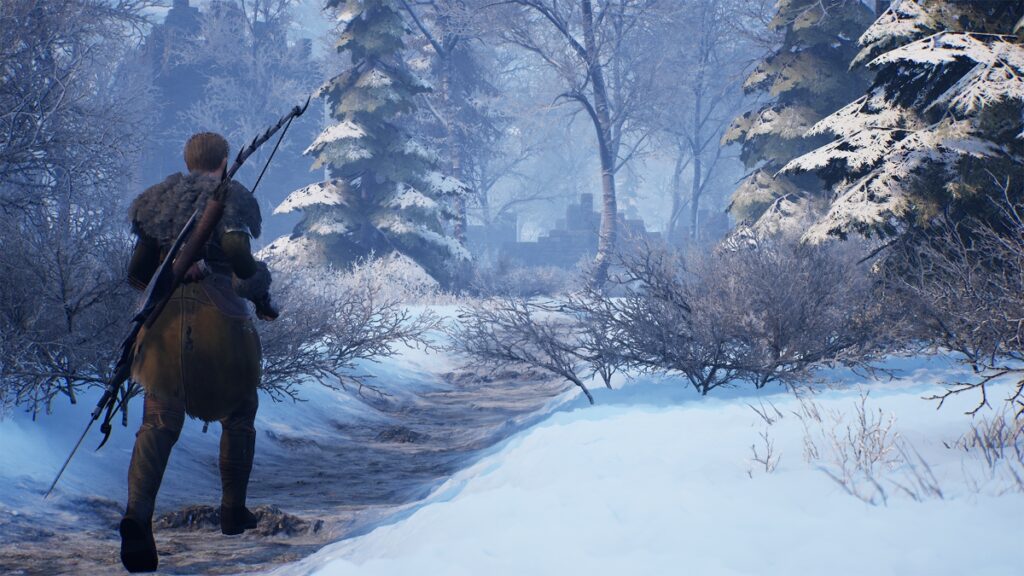 The main character travels down winter path in Of Ash and Steel